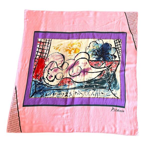 Accessories - RARE Vintage Picasso Sleeping Woman Scarf Neck Head Pink Silk Femme Endormie
